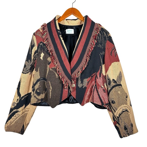 VINTAGE Cropped Horse Print Fringed Throw Blanket Western Jacket - Picture 14 of 14
